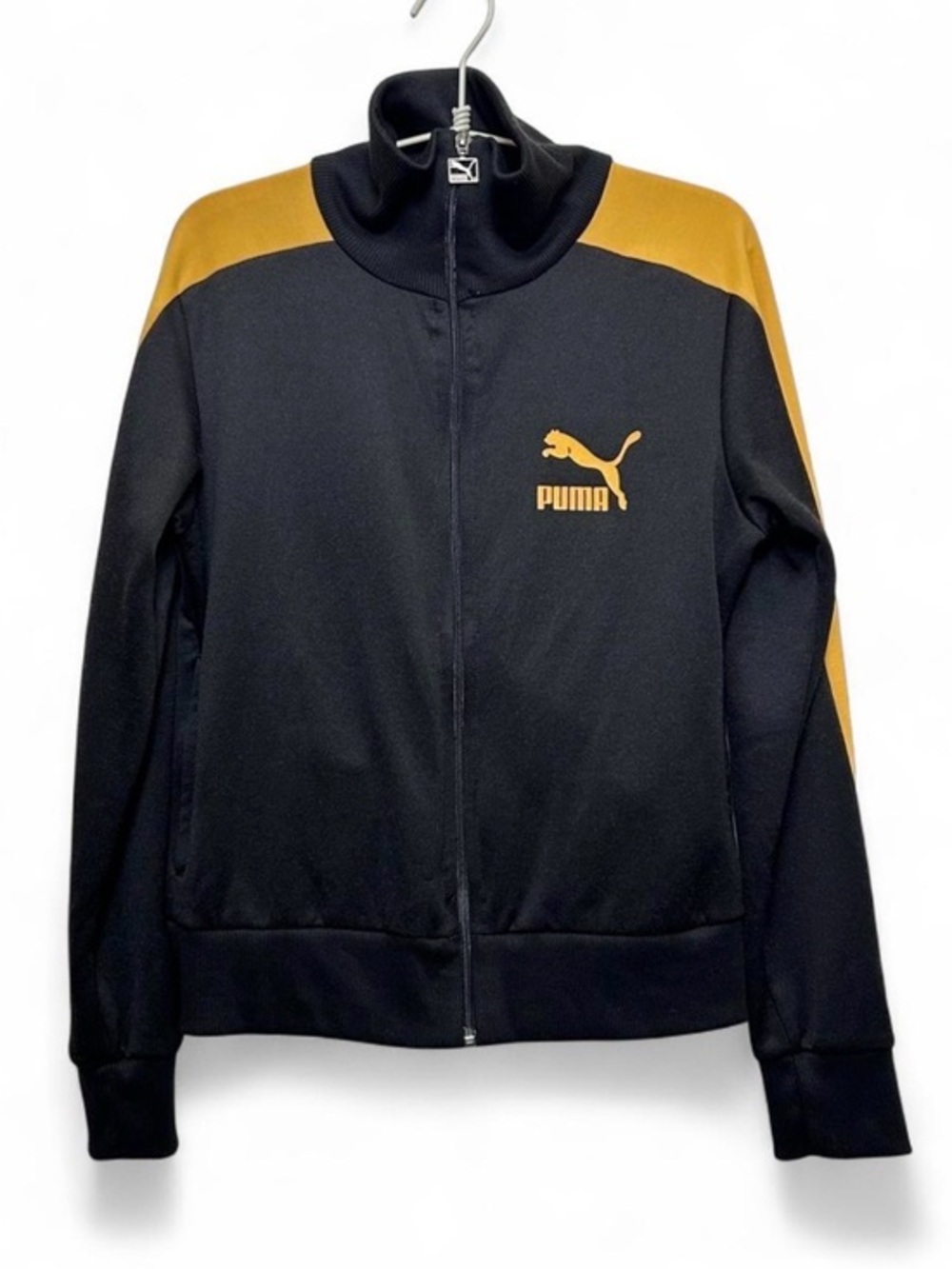 Y2K Puma T7 Track Jacket Womens L Black Gold Retro Full Zip